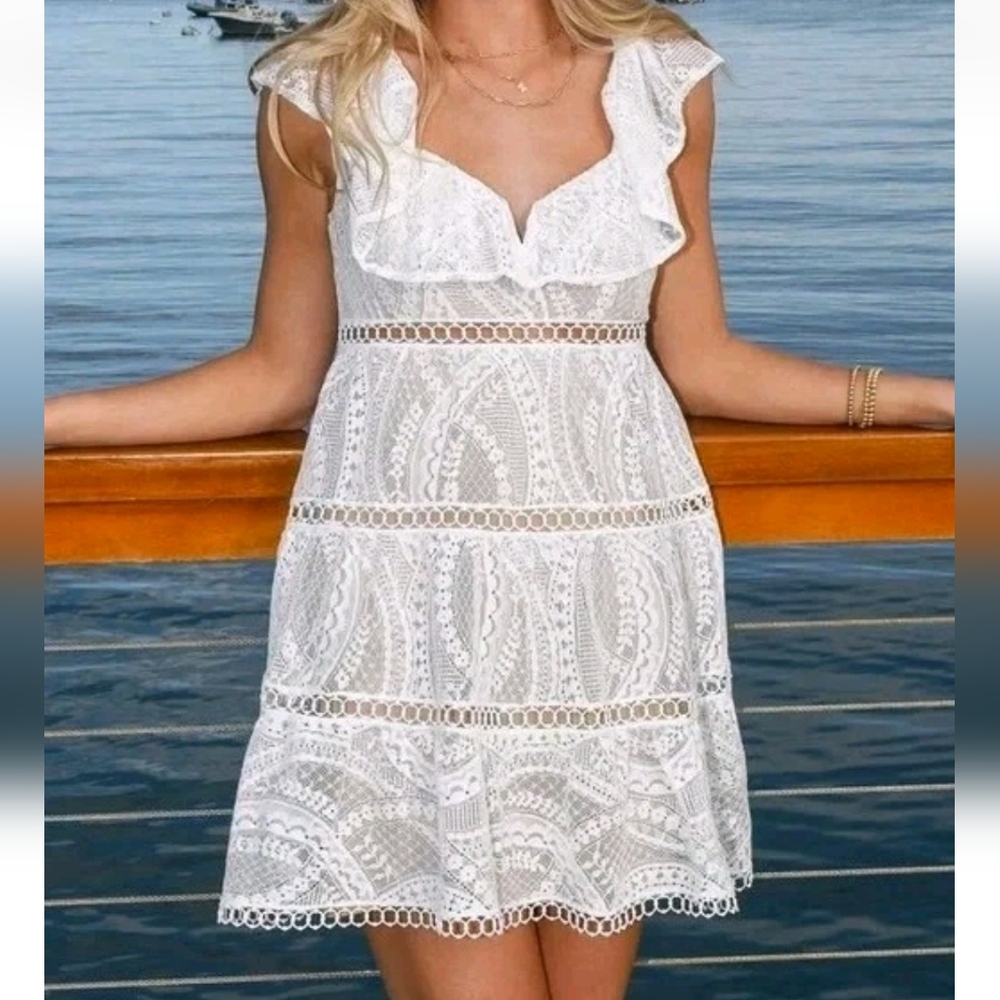 Saylor Karalyn Mini Dress Lace Eyelet Nude White Open Back Short Anthropologie L